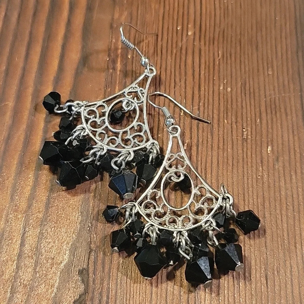 Black Beaded Chandelier‎ Earrings